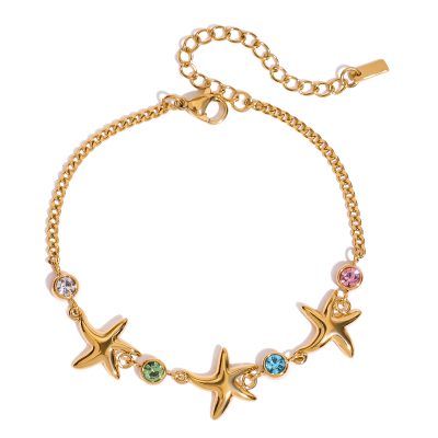 18K Gold Stainless Steel Starfish Bracelet - Colorful Zircon Sea Star Chain, 17+5cm Beach Jewelry for Women