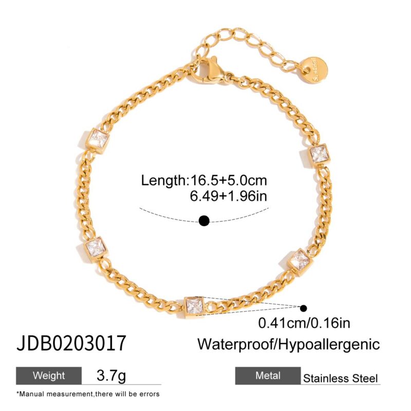Classic 18K Gold Stainless Steel Zircon Bracelet for Women - Square White Zirconia Chain Bangle, Elegant Fashion Jewelry Gift - Image 5