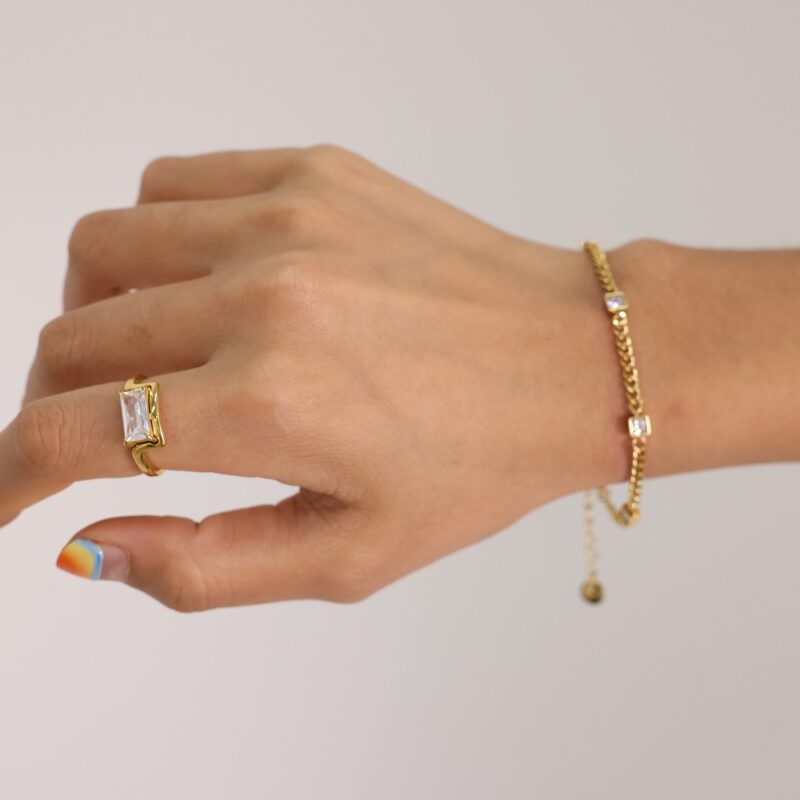 Classic 18K Gold Stainless Steel Zircon Bracelet for Women - Square White Zirconia Chain Bangle, Elegant Fashion Jewelry Gift - Image 4