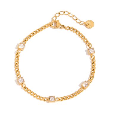 Classic 18K Gold Stainless Steel Zircon Bracelet for Women - Square White Zirconia Chain Bangle, Elegant Fashion Jewelry Gift