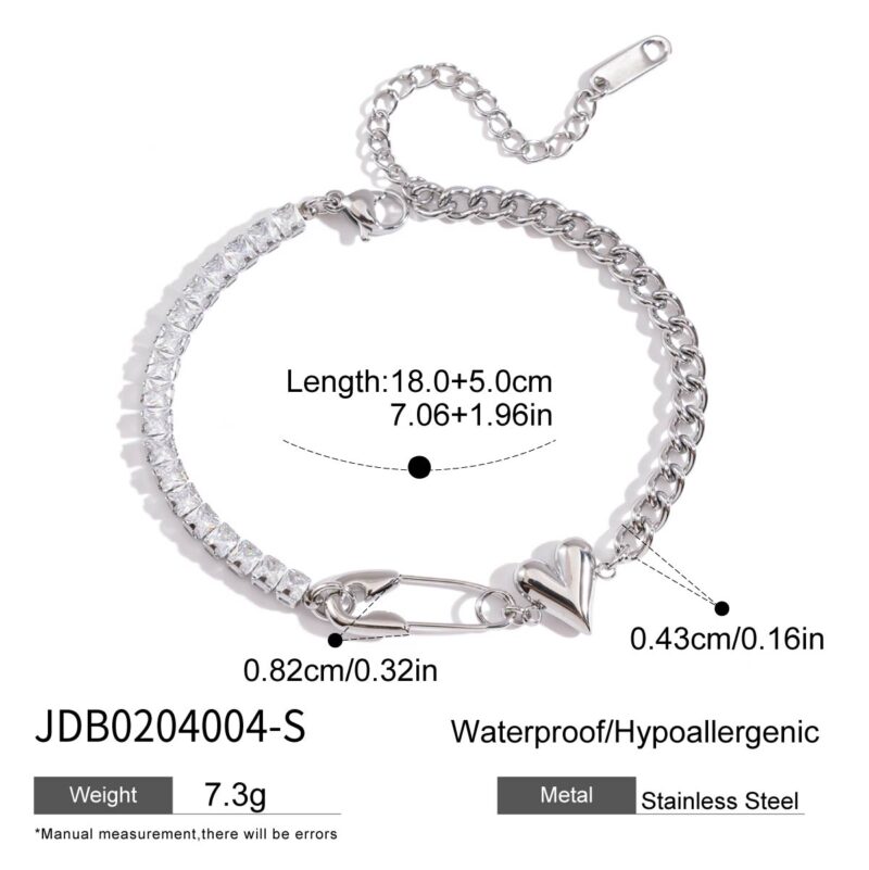 Stainless Steel Paperclip Chain Bracelet with Heart & Zirconia - Image 5