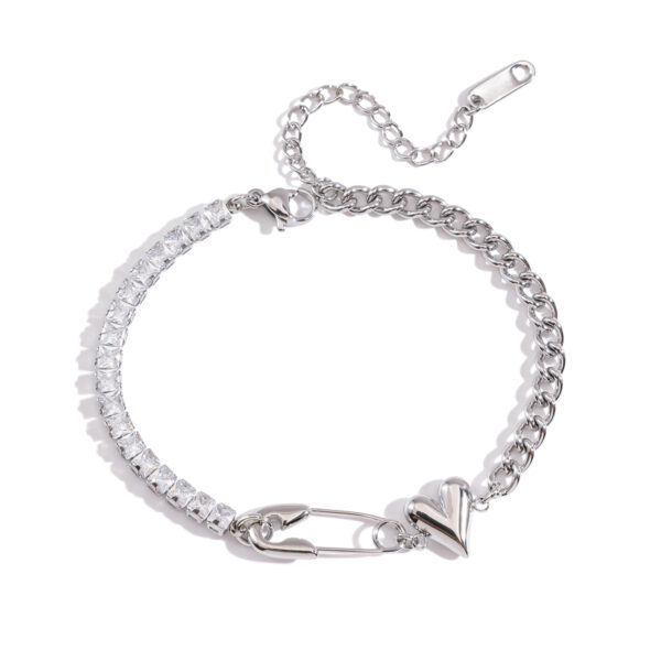 Stainless Steel Paperclip Chain Bracelet with Heart & Zirconia