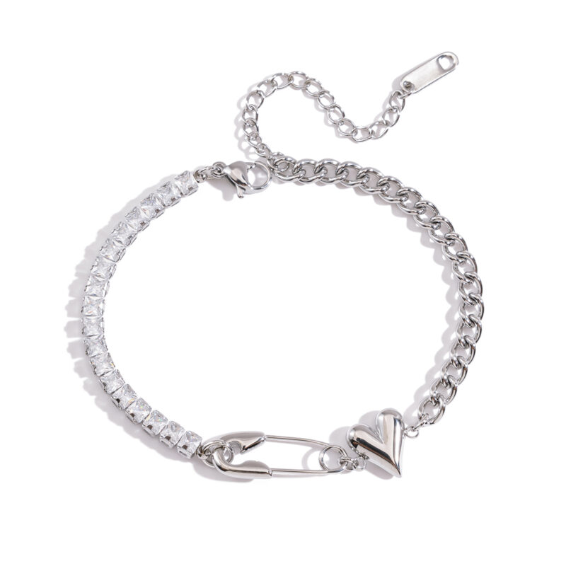 Stainless Steel Paperclip Chain Bracelet with Heart & Zirconia