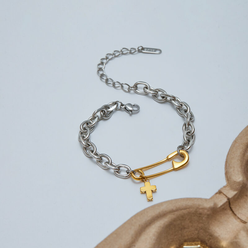 18K Gold Stainless Steel Paperclip Bracelet with Cross Charm & Zirconia - Image 2