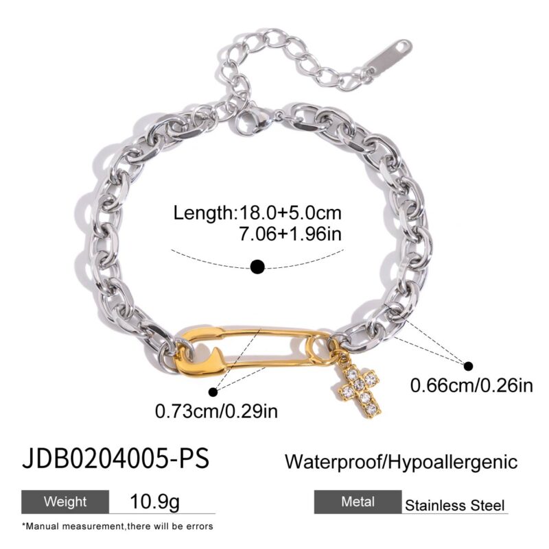 18K Gold Stainless Steel Paperclip Bracelet with Cross Charm & Zirconia - Image 5