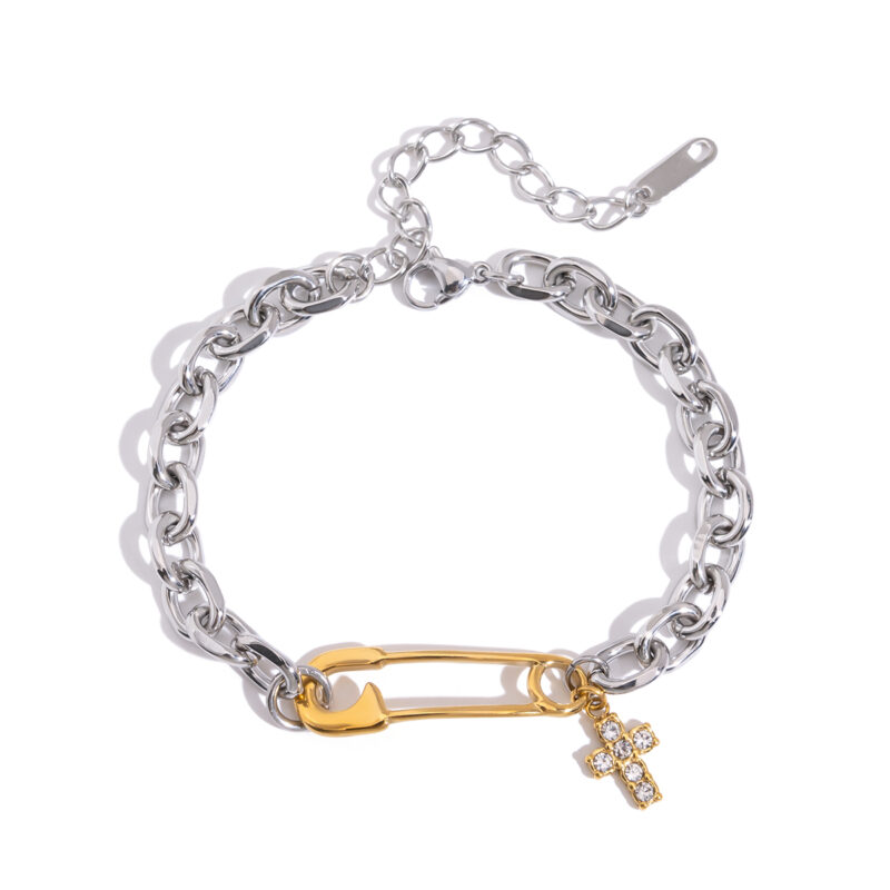 18K Gold Stainless Steel Paperclip Bracelet with Cross Charm & Zirconia