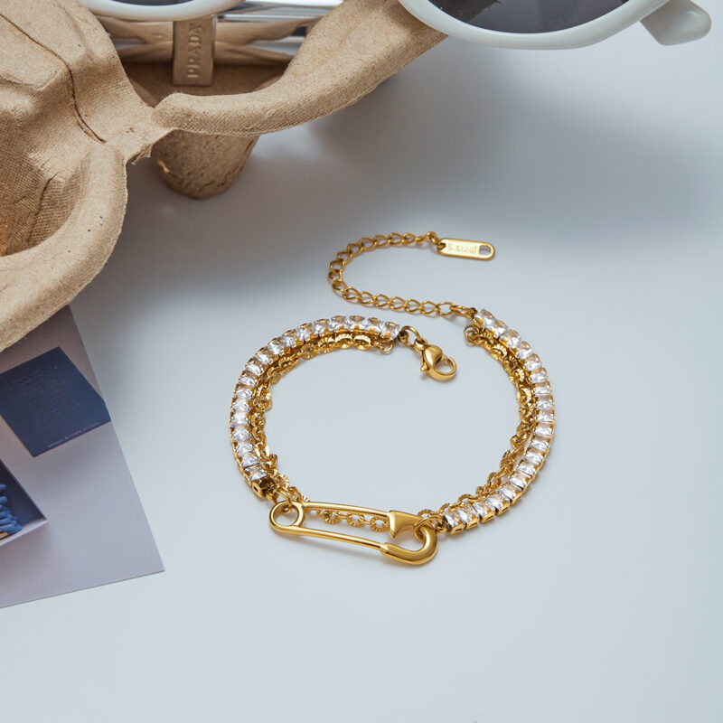 18K Gold Stainless Steel Double-Layer Paperclip Bracelet with Zirconia - Image 3