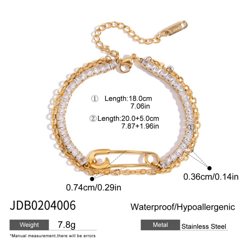 18K Gold Stainless Steel Double-Layer Paperclip Bracelet with Zirconia - Image 6