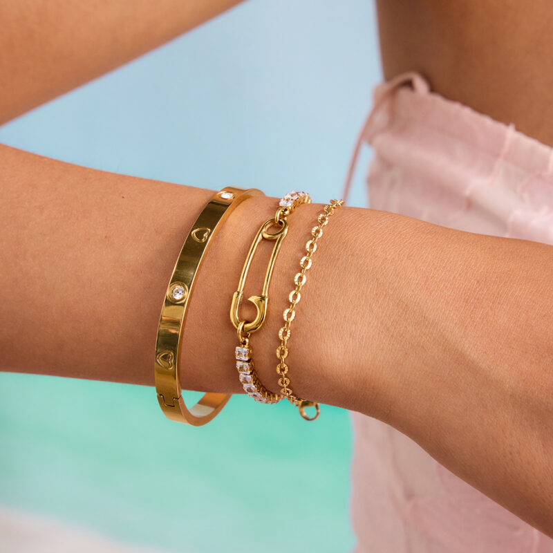 18K Gold Stainless Steel Double-Layer Paperclip Bracelet with Zirconia - Image 4