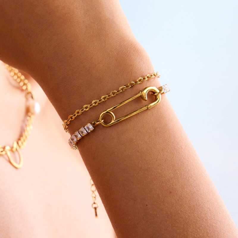 18K Gold Stainless Steel Double-Layer Paperclip Bracelet with Zirconia - Image 5