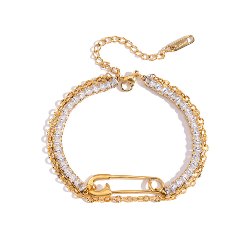 18K Gold Stainless Steel Double-Layer Paperclip Bracelet with Zirconia