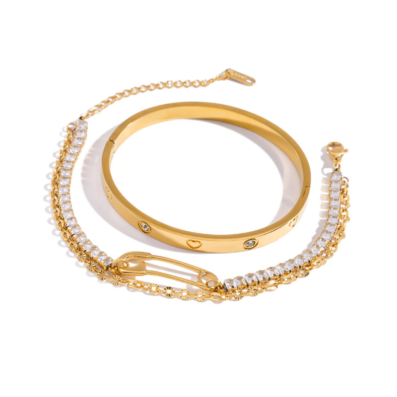 18K Gold Stainless Steel Double-Layer Paperclip Bracelet with Zirconia - Image 2