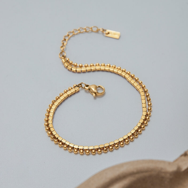 Classic Women's 18K Gold Pink Diamond Beaded Double Chain Bracelet - Image 2