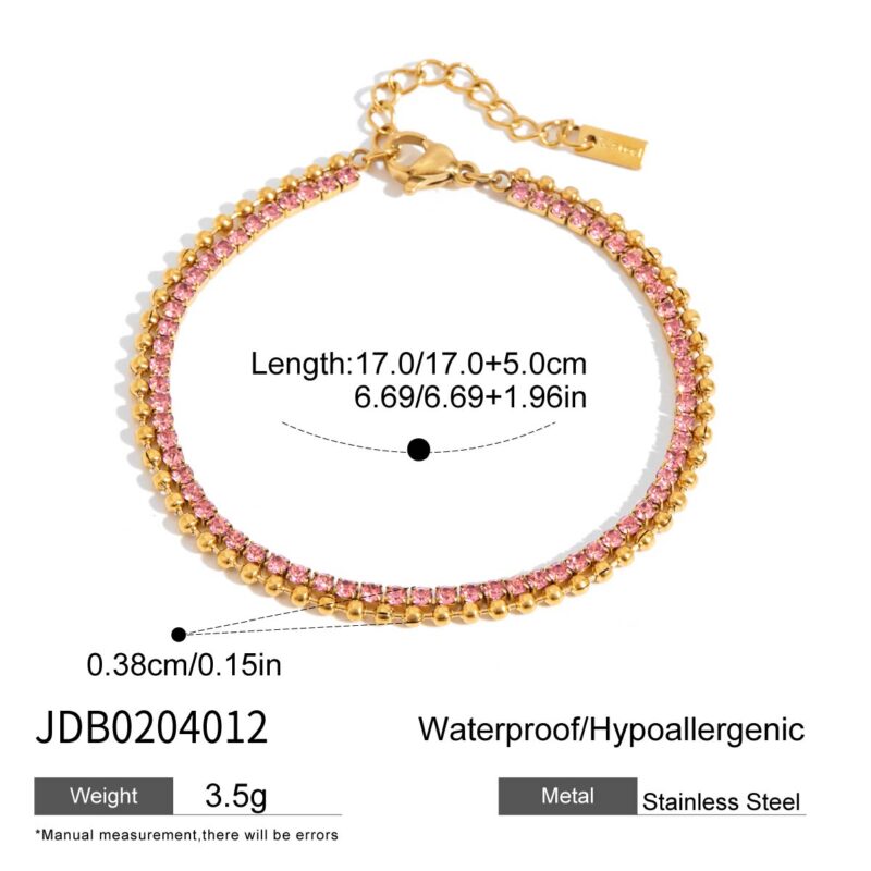 Classic Women's 18K Gold Pink Diamond Beaded Double Chain Bracelet - Image 5