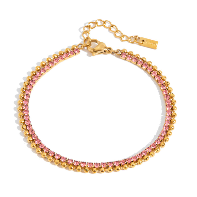 Classic Women's 18K Gold Pink Diamond Beaded Double Chain Bracelet