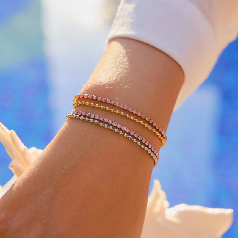 Classic Women's 18K Gold Pink Diamond Beaded Double Chain Bracelet - Image 3