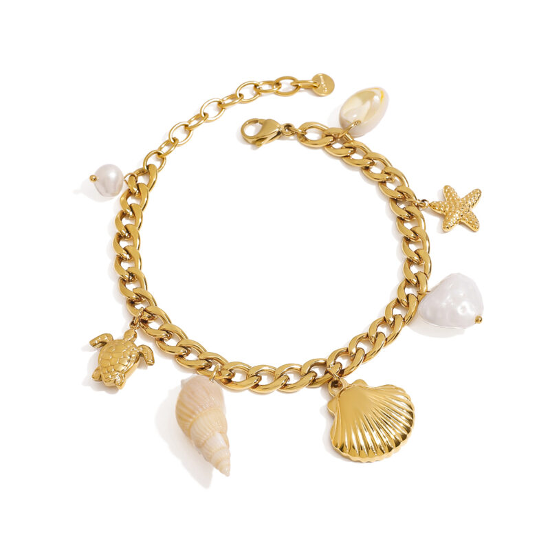 J&D Summer Beach Style 18K Gold Stainless Steel Ribbed Shell Conch Starfish Charms Bracelets