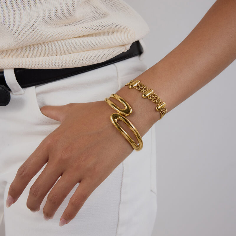 Classic 18K Gold Stainless Steel Double Layer Hollow Spring Open Bangle Bracelet for Women - Image 4