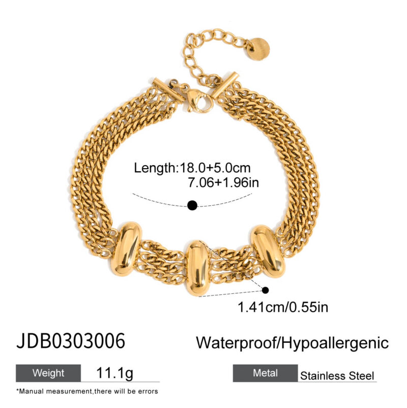 18K Gold Stainless Steel Triple Chain Bracelet - Oval Link Streetwear Jewelry, 18+5cm Trendy Bangle for Women - Image 6