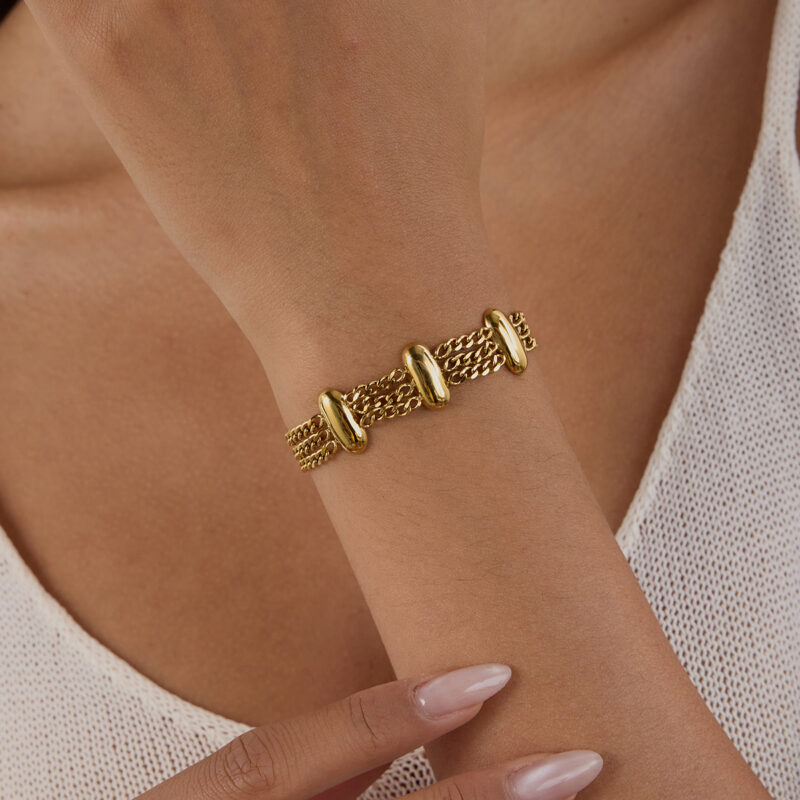 18K Gold Stainless Steel Triple Chain Bracelet - Oval Link Streetwear Jewelry, 18+5cm Trendy Bangle for Women - Image 4