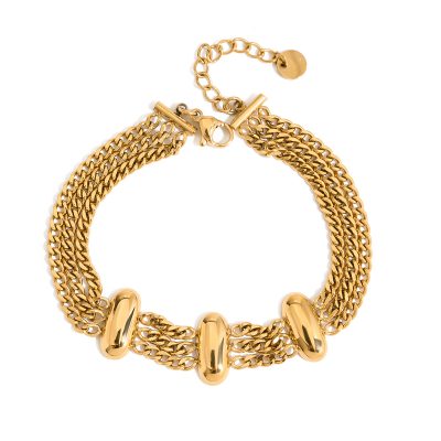 18K Gold Stainless Steel Triple Chain Bracelet - Oval Link Streetwear Jewelry, 18+5cm Trendy Bangle for Women