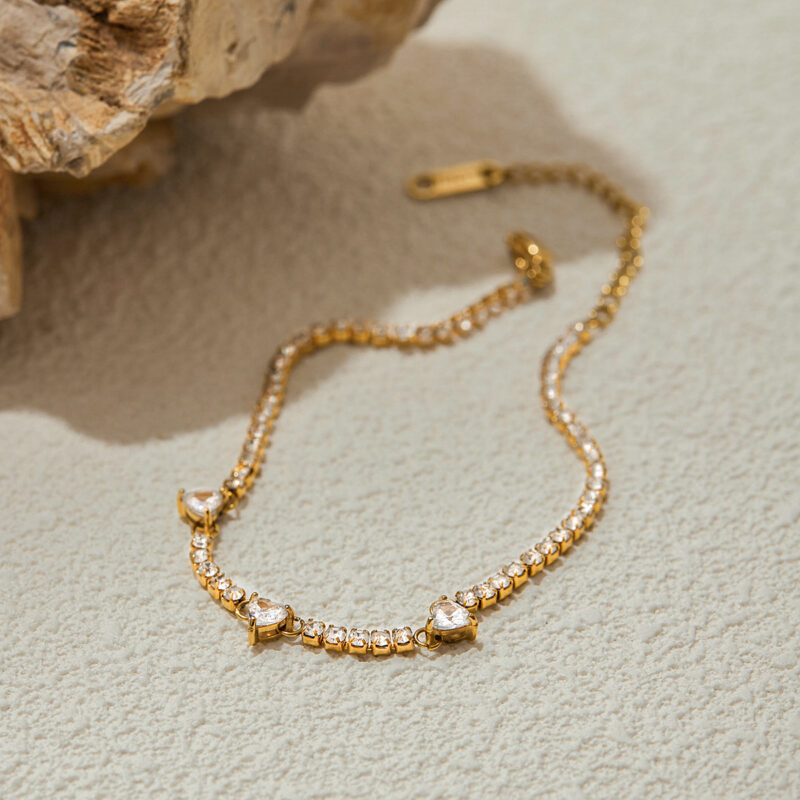 Women's Romantic 18K Gold Stainless Steel Zircon Heart Link Diamond Bracelet - Image 2
