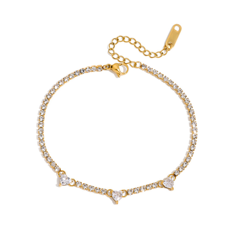 Women's Romantic 18K Gold Stainless Steel Zircon Heart Link Diamond Bracelet