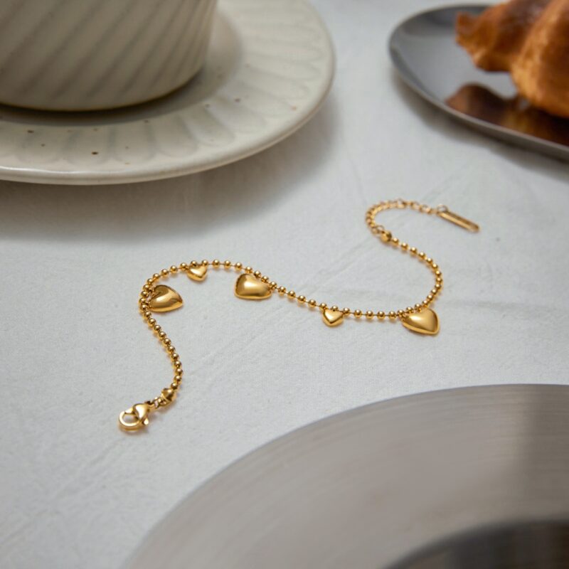 18K Gold Stainless Steel Heart Bead Bracelet - Classic Chain Jewelry for Women, 16.5+5cm Adjustable - Image 3