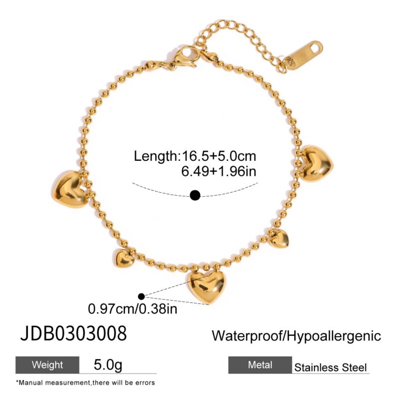 18K Gold Stainless Steel Heart Bead Bracelet - Classic Chain Jewelry for Women, 16.5+5cm Adjustable - Image 6