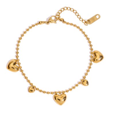 18K Gold Stainless Steel Heart Bead Bracelet - Classic Chain Jewelry for Women, 16.5+5cm Adjustable