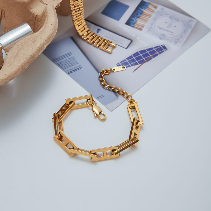 Unisex Hip-Hop Titanium Steel Chain Set - Square Link Necklace & Bracelet, Streetwear Jewelry Gold - Image 3
