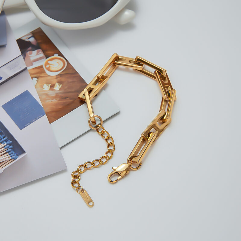 Unisex Hip-Hop Titanium Steel Chain Set - Square Link Necklace & Bracelet, Streetwear Jewelry Gold - Image 2