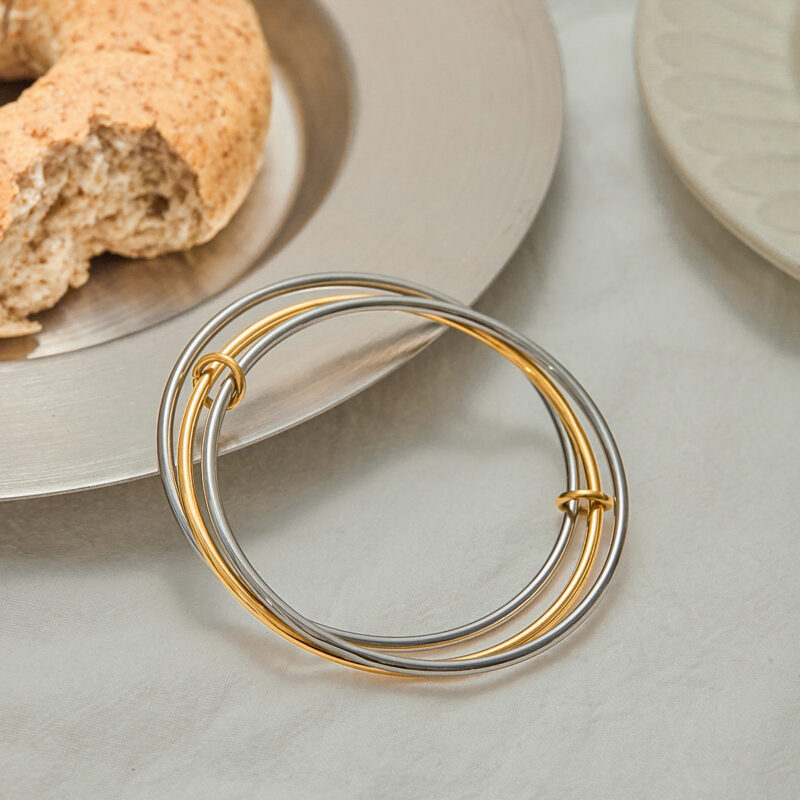 Modern Minimalist 18K Gold Stainless Steel Bangle - Two-Tone Gold & Silver Stackable Wide Cuff Bracelet for Women - Image 2