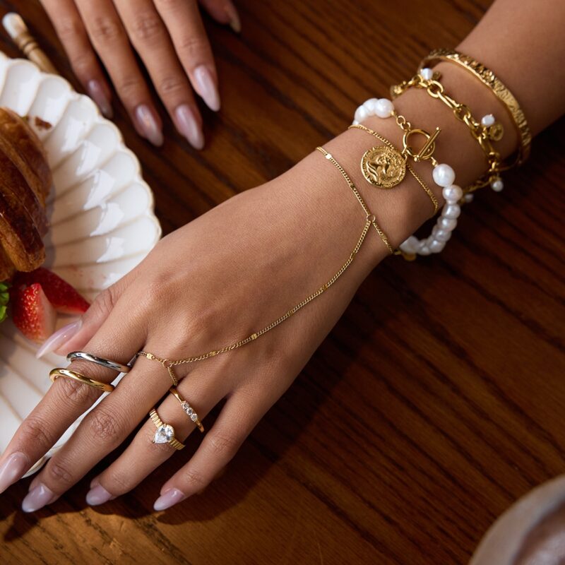 J&D 18K Gold Plated Stainless Steel Bracelets Holiday Fashion Jewelry Double-layer Hand Chain Finger Bracelet - Image 3