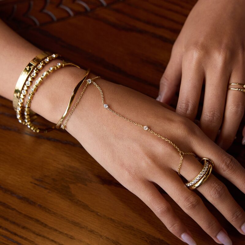 J&D 18K Gold Plated Stainless Steel Bracelets Holiday Jewelry White Zircon Hand Chain Finger Bracelet - Image 3