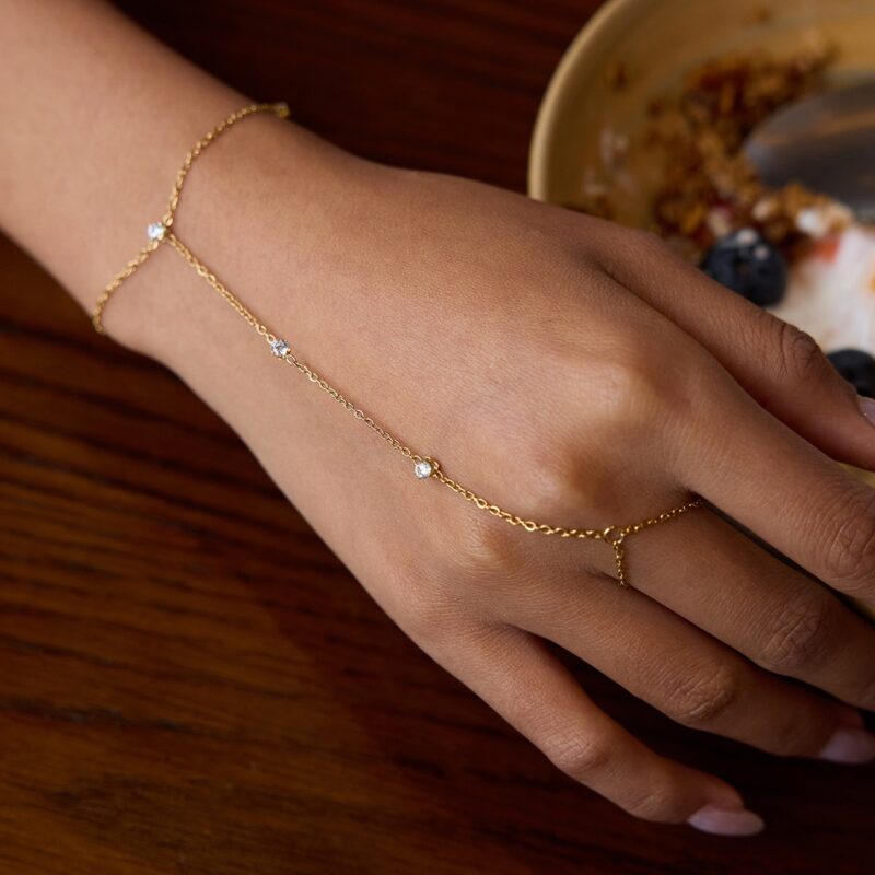 J&D 18K Gold Plated Stainless Steel Bracelets Holiday Jewelry White Zircon Hand Chain Finger Bracelet - Image 4