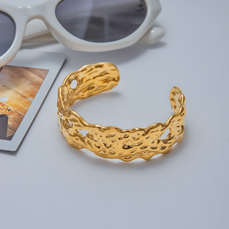 Women's Classic 18K Gold Stainless Steel Hammered Hollow Open Bangle Bracelet - Image 3