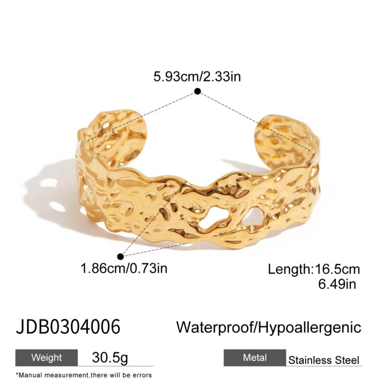 Women's Classic 18K Gold Stainless Steel Hammered Hollow Open Bangle Bracelet - Image 6