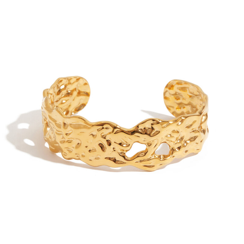Women's Classic 18K Gold Stainless Steel Hammered Hollow Open Bangle Bracelet