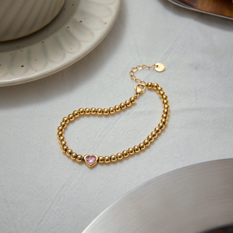 J&D 18K Gold Plate Stainless Steel Bracelet Trendy Sweet Romance Pink Heart Zircon Lockable Bracelets - Image 2