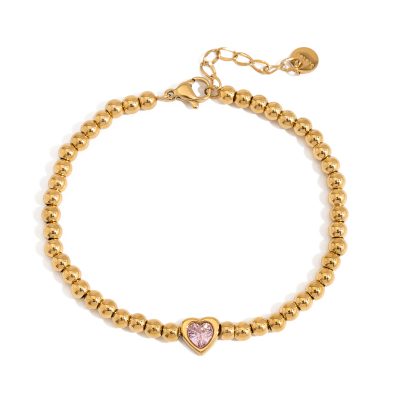 J&D 18K Gold Plate Stainless Steel Bracelet Trendy Sweet Romance Pink Heart Zircon Lockable Bracelets