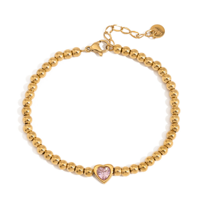 J&D 18K Gold Plate Stainless Steel Bracelet Trendy Sweet Romance Pink Heart Zircon Lockable Bracelets