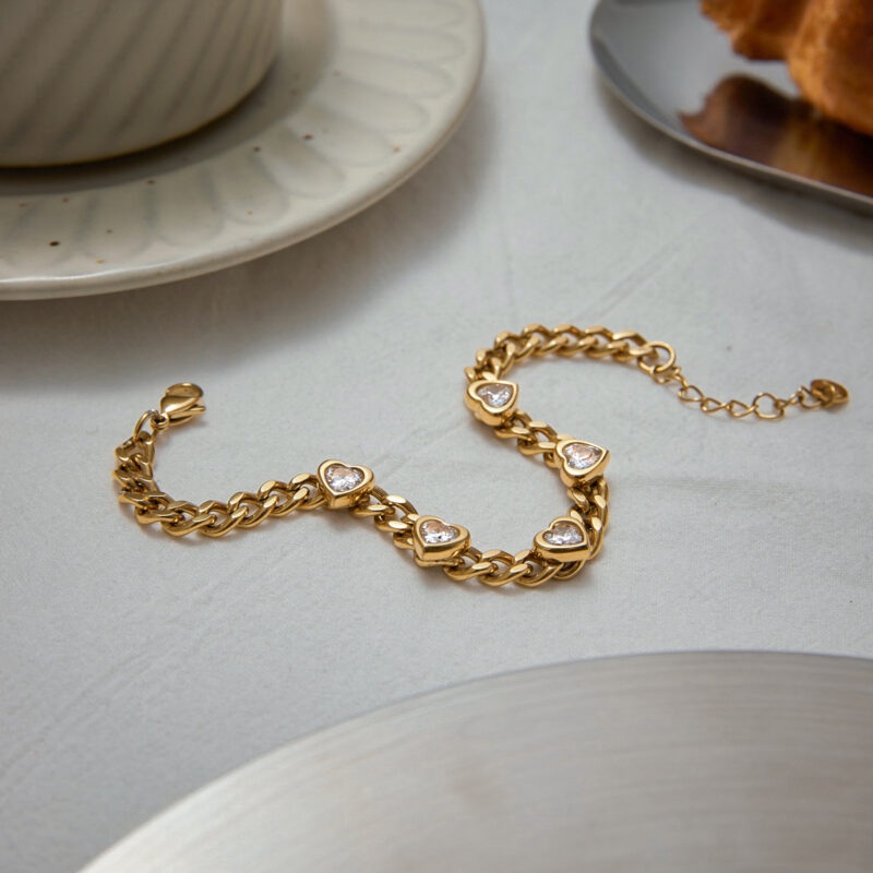 J&D 18K Gold Plate Stainless Steel Bracelet Trendy Sweet Romance Pink Heart Zircon Lockable Bracelets - Image 2