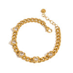 J&D 18K Gold Plate Stainless Steel Bracelet Trendy Sweet Romance Pink Heart Zircon Lockable Bracelets