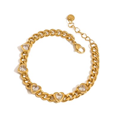 J&D 18K Gold Plate Stainless Steel Bracelet Trendy Sweet Romance Pink Heart Zircon Lockable Bracelets