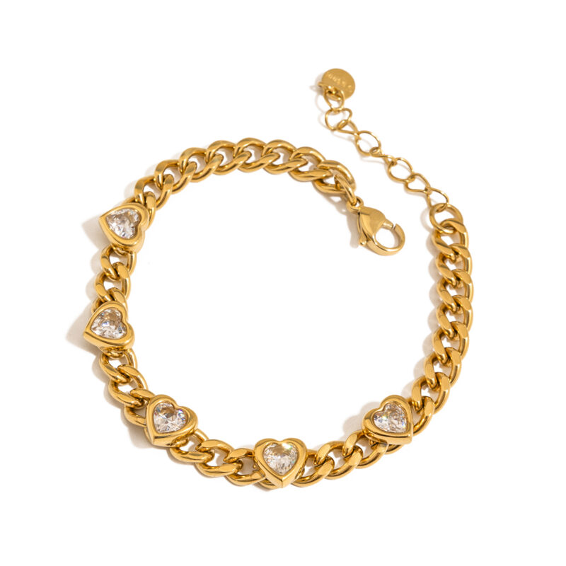 J&D 18K Gold Plate Stainless Steel Bracelet Trendy Sweet Romance Pink Heart Zircon Lockable Bracelets