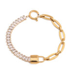 J&D 18K Gold Plate Stainless Steel Bracelet Trendy Sweet Romance Pink Heart Zircon Lockable Bracelets