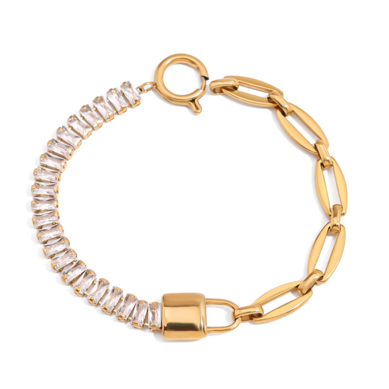 J&D 18K Gold Plate Stainless Steel Bracelet Trendy Sweet Romance Pink Heart Zircon Lockable Bracelets