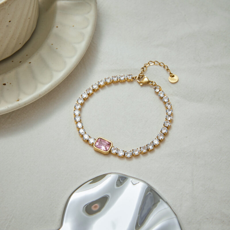J&D 18K Gold Plate Stainless Steel Bracelet Trendy Sweet Romance Pink White Square Zircon Bracelets - Image 2
