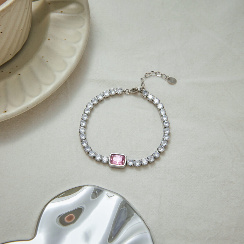J&D 18K Gold Plate Stainless Steel Bracelet Trendy Sweet Romance Pink White Square Zircon Bracelets - Image 2